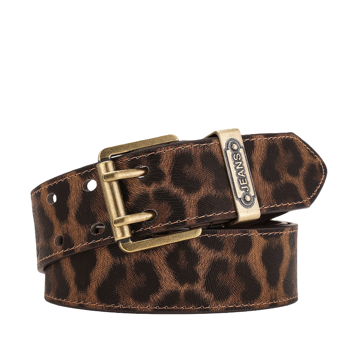 TEMU Double-prong Pu Belt, Fashionable Vintage Leopard Print, Suitable For Daily Wear, Street Style, Parties, , Unisex