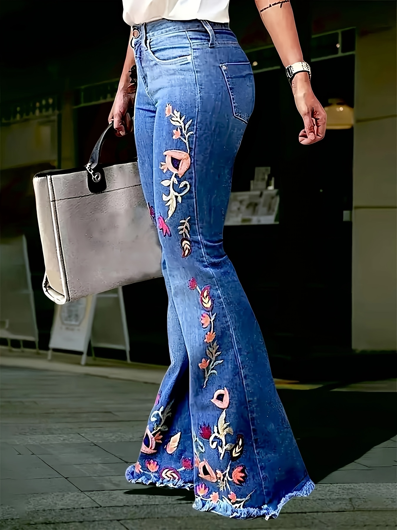 Bordado Livre CalÃ§as De Ganga Com Bordados Jeans Femininos De