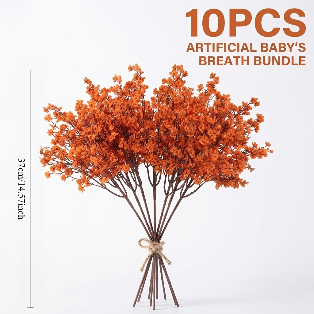 TEMU 10pcs Autumn Orange Artificial Baby's Breath Bouquet - High- Flower Bouquet For Wedding Decor, Suitable For Living Room Decor, Tabletop Display,