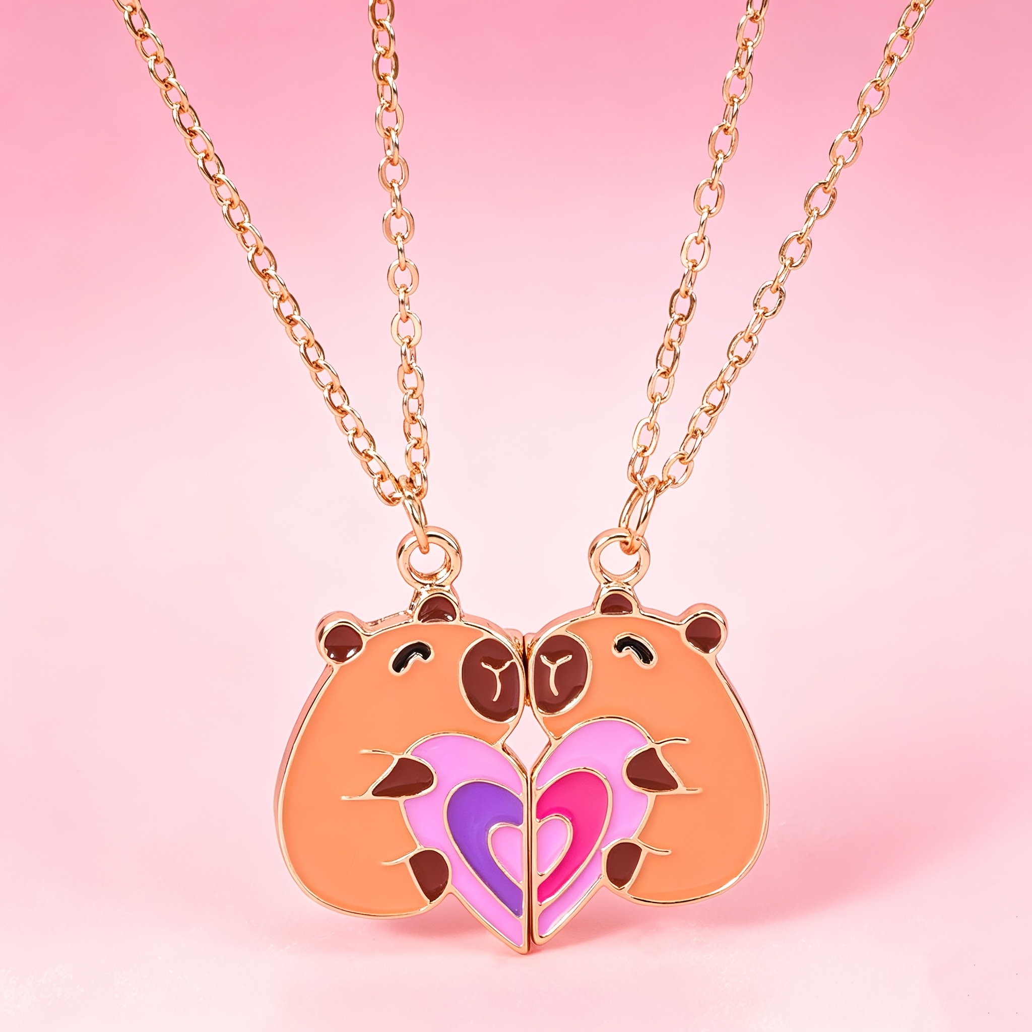 TEMU 2pcs Capybara Enamel Heart Hug BFF Pendentifs , Chaîne Réglable Set Collier d' pour Enfants Filles, Additions de Bijoux de Mode, Cadeaux de Fête