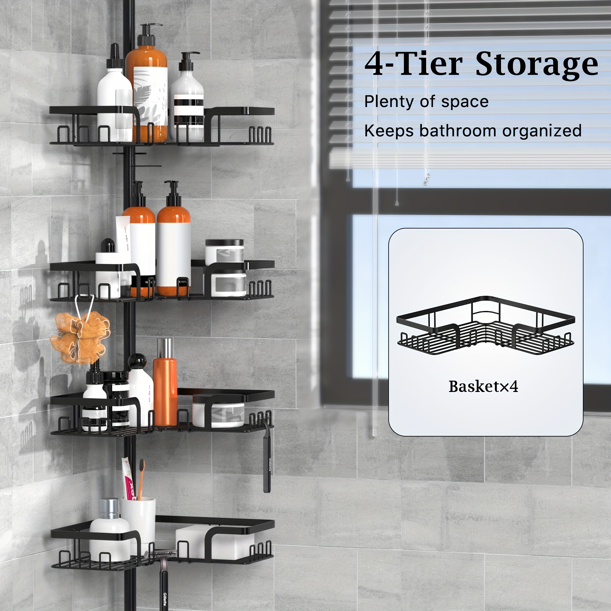 E-shop 4-lagiges rostfreies Eck-Badezimmerregal, eine Badewannen-Aufbewahrungsbox für Shampoo-Zubehör, höhenverstellbar freistehend, rostfreies