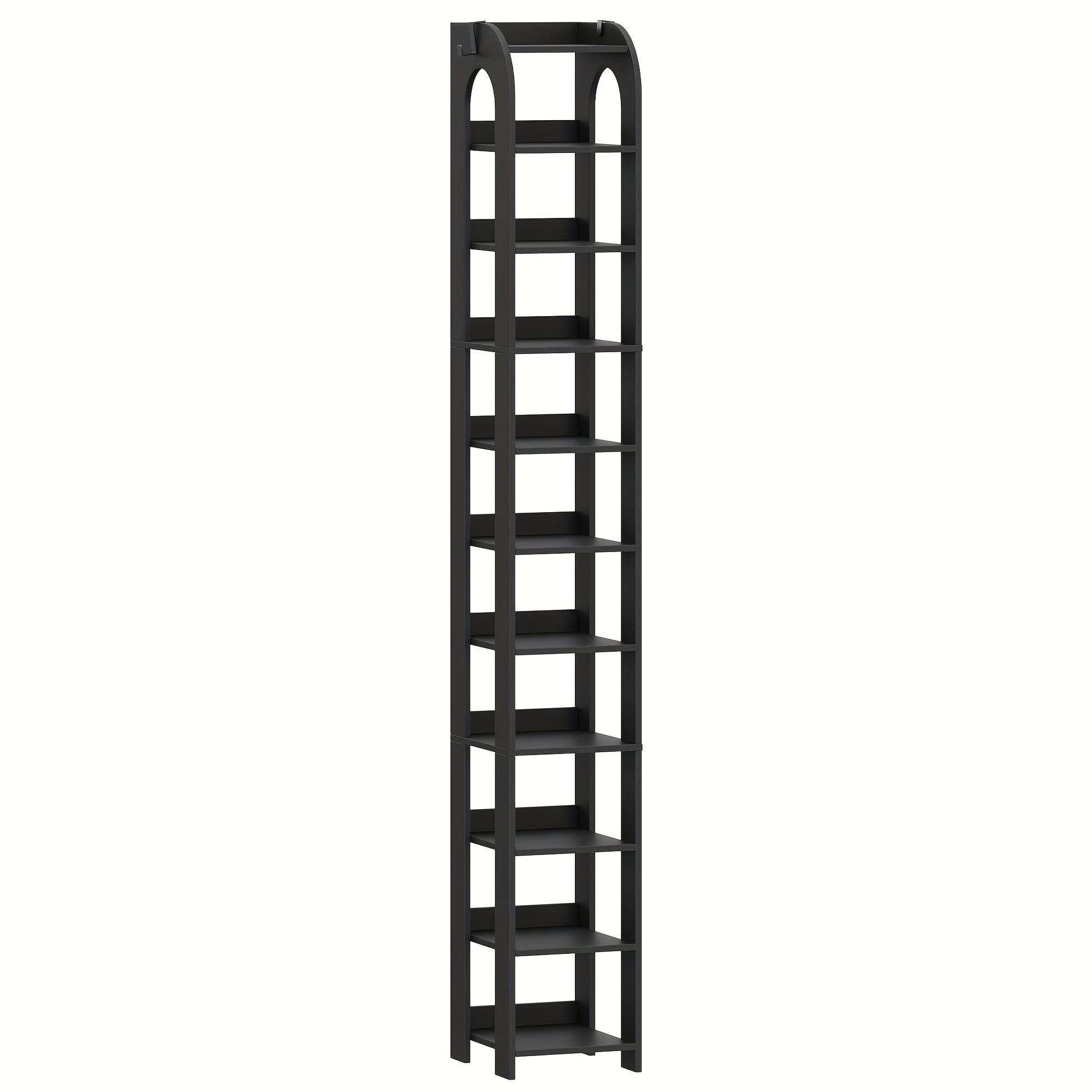 Vertical Shoe Rack, 11 Tiers Narrow Shoe Shelves, Wooden Shoe Organizer For Closet, Entryway, Shoe Tower For Small Spaces, Freestanding, Adjustable, With Hooks, Black