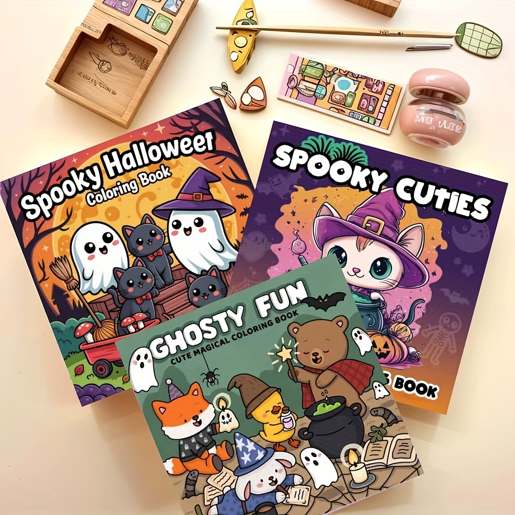 Image of A Set Of 3 Cute-themed Coloring Books: Creepy Patterns Such As Cute And Skeletons, As Well As Scenes Of Cute Little Animals Casting Spells. Each Book Has 24 Pages, Thick Paper, Simple, Comfortable And