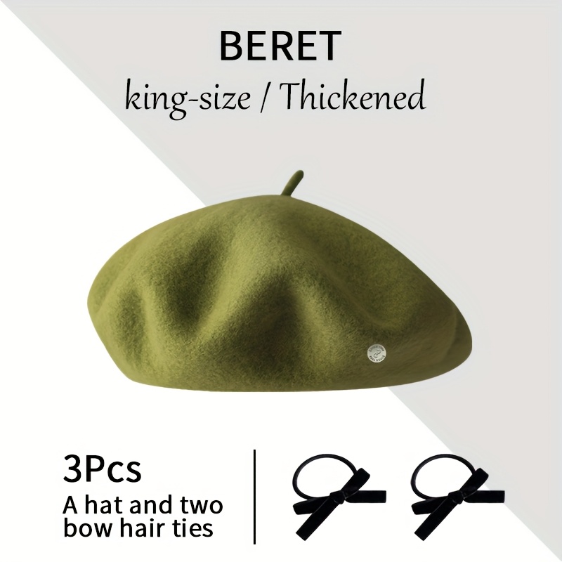 TEMU Extra-large High-quality Wool Beret, Easy, Fashionable And Versatile. Autumn And Winter Style To Shape . 1 Hat And 2 Bow Headbands. Sister Style