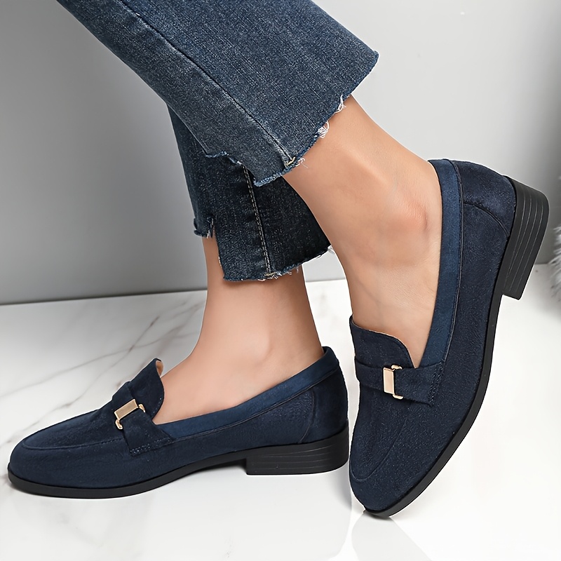 Women's French Retro British Style Slip-On Loafers Flat Sole Round Toe  Deep Casual Shoes, Navy Blue PVC Synthetic *-Season Lo