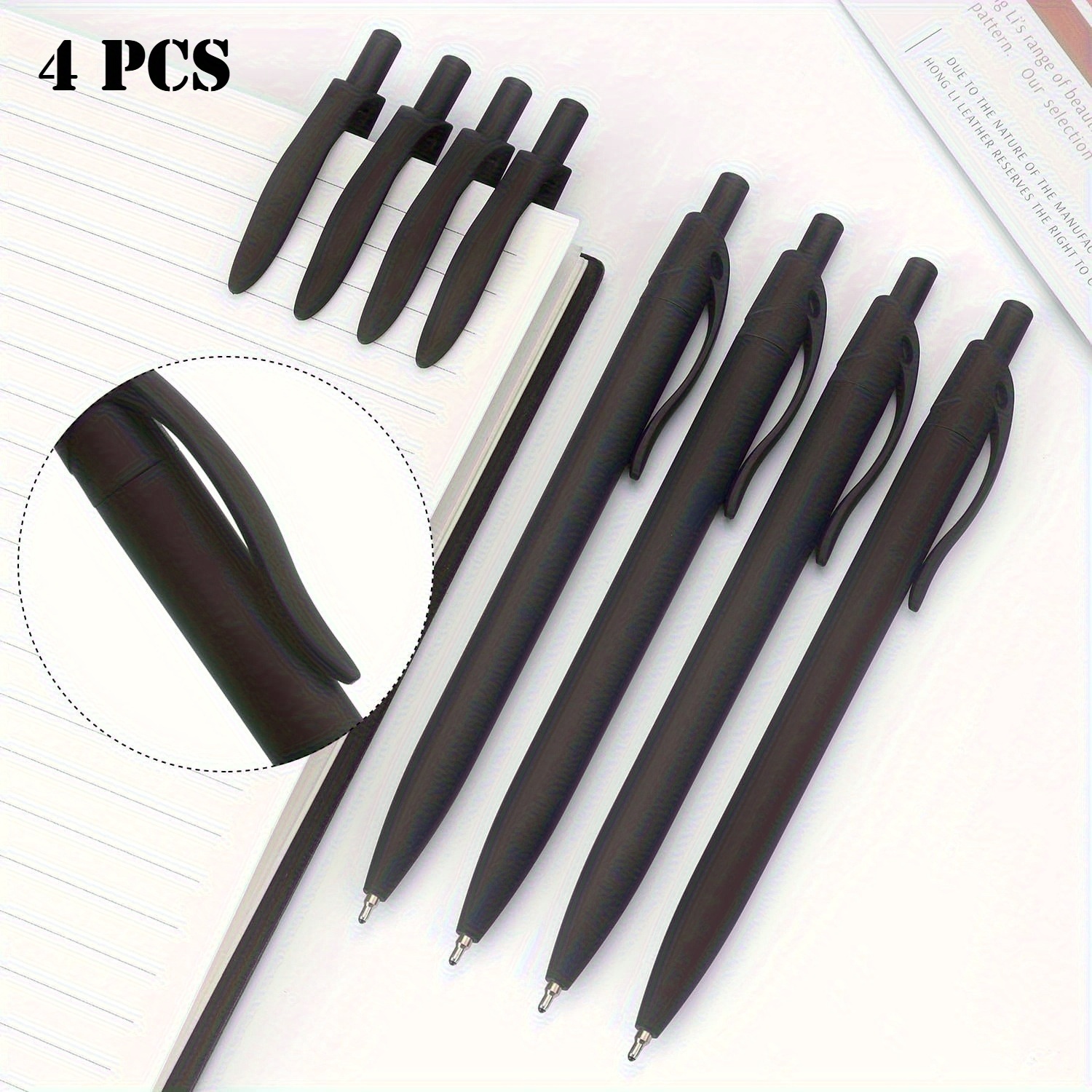 4 Black Retractable Ballpoint Pens Featuring 1.0mm Medium Tips, Designed With , Smooth Writing With Black Ink. Ideal For Diaries, Office, And School Use, Pens Are Retractable And Practical