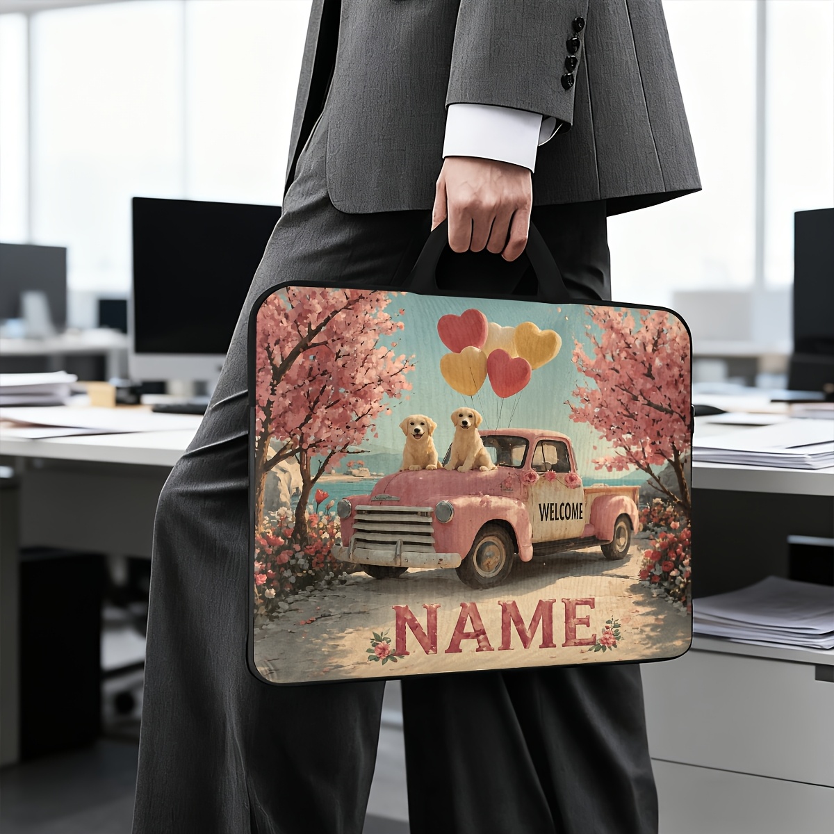 Customized Pink Truck Puppies Themed Laptop Bag with Handle