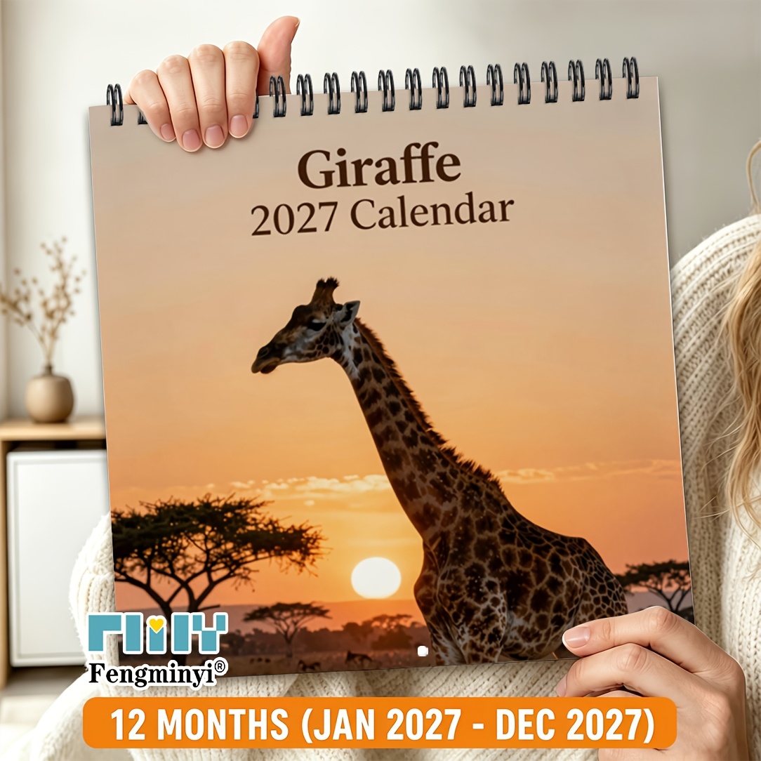 TEMU 2d Flat 2027 Giraffe Theme Desktop Calendar, 12-month Monthly Calendar, Double Wire Spiral Binding, Square Hanging Calendar, Large Blocks,