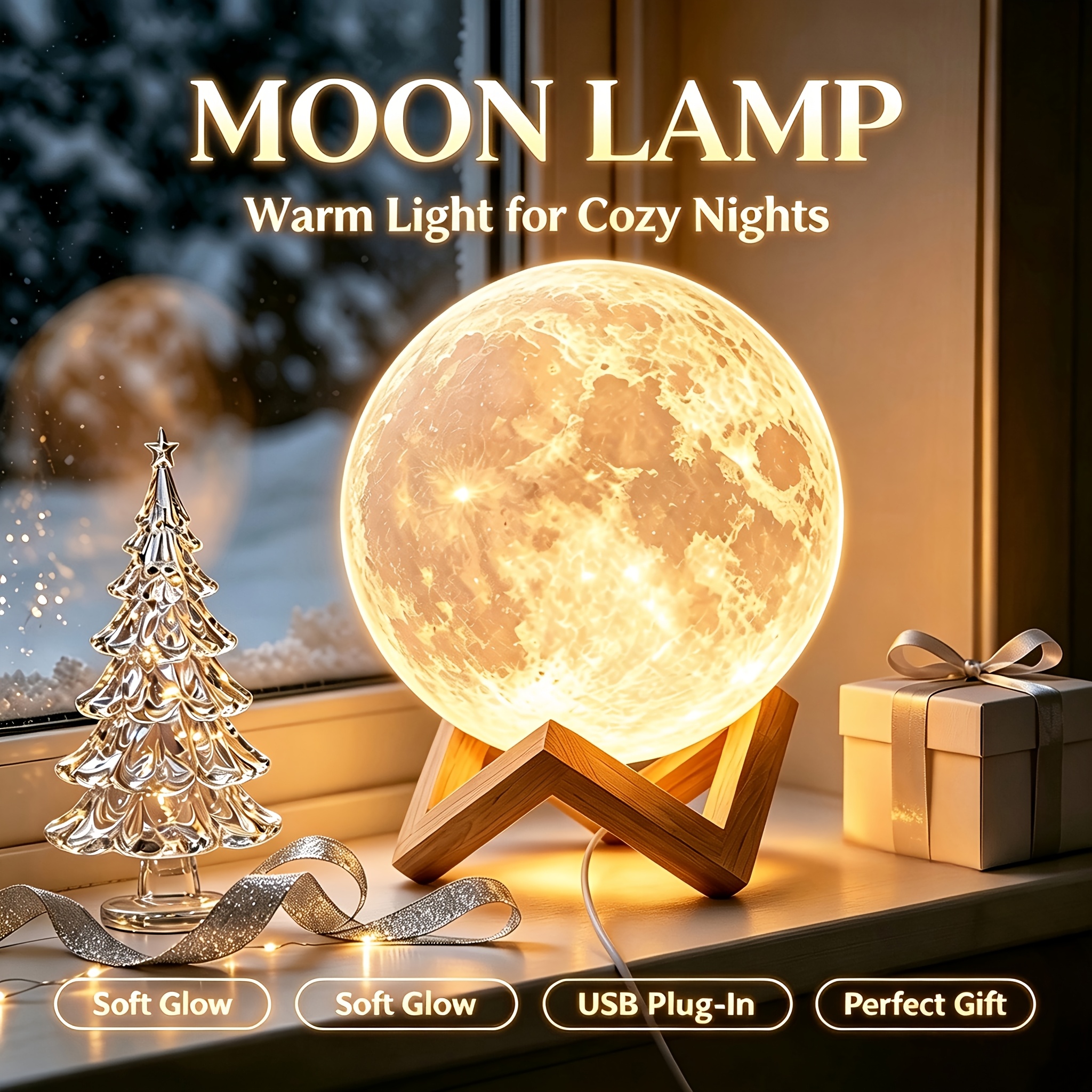 TEMU 3d Moon Night Light - 16-color Rgb Variable-color Led Moonlight Lamp, With Wooden Base And Remote Control. Usb Plug-in, Adjustable Light With