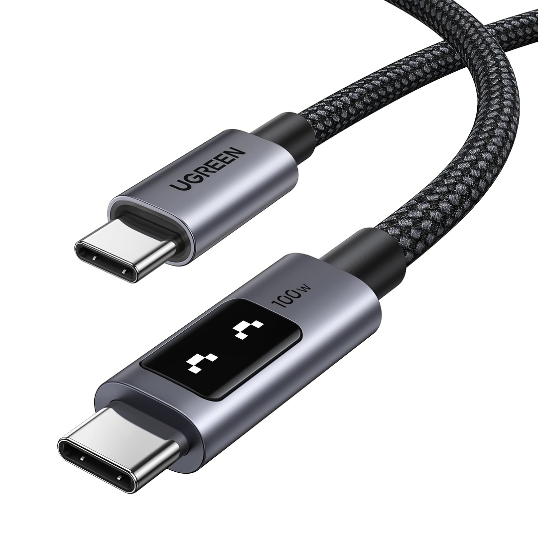 TEMU Câble de charge UGREEN Uno USB-C vers USB-C avec écran LED, puissance 100W, charge rapide, lumière LED à souriante, câble en nylon, transmission