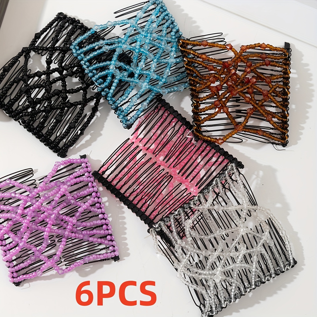 TEMU 6pcs Beaded Magic Hair Combs, Adjustable Elastic Hair Comb, Bead Stretchy Comb Styling Versatile Hair Accessories For Women