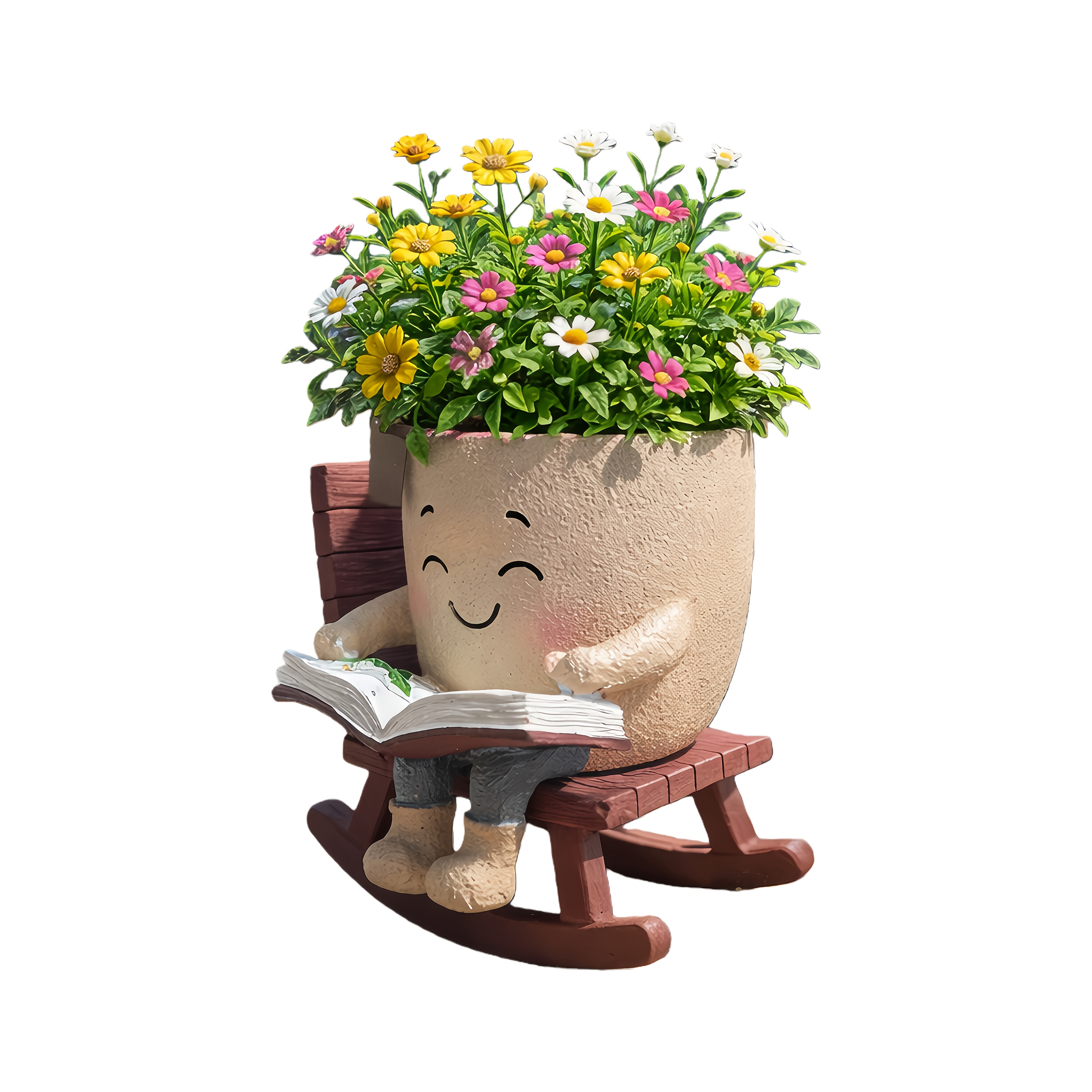 Image of Cute Reading Face Planter Pot - Resin Rocking Chair Succulent Flower Pot, Funny Indoor Plant Holder, Office Desk Decor, Gift For Book Lovers And Plant Parents Gardening Gift Home Decor