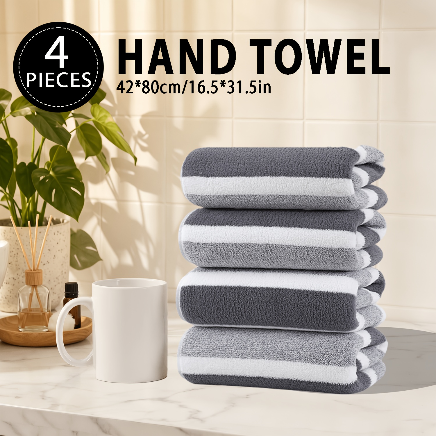 TEMU 4pcs Bathroom Hand Towels, Large Size 40 X 80cm/15.7 X 31.5in, Thickened Stripe Coral Velvet Towels, Microfiber, Multiple Colors, Absorbent,