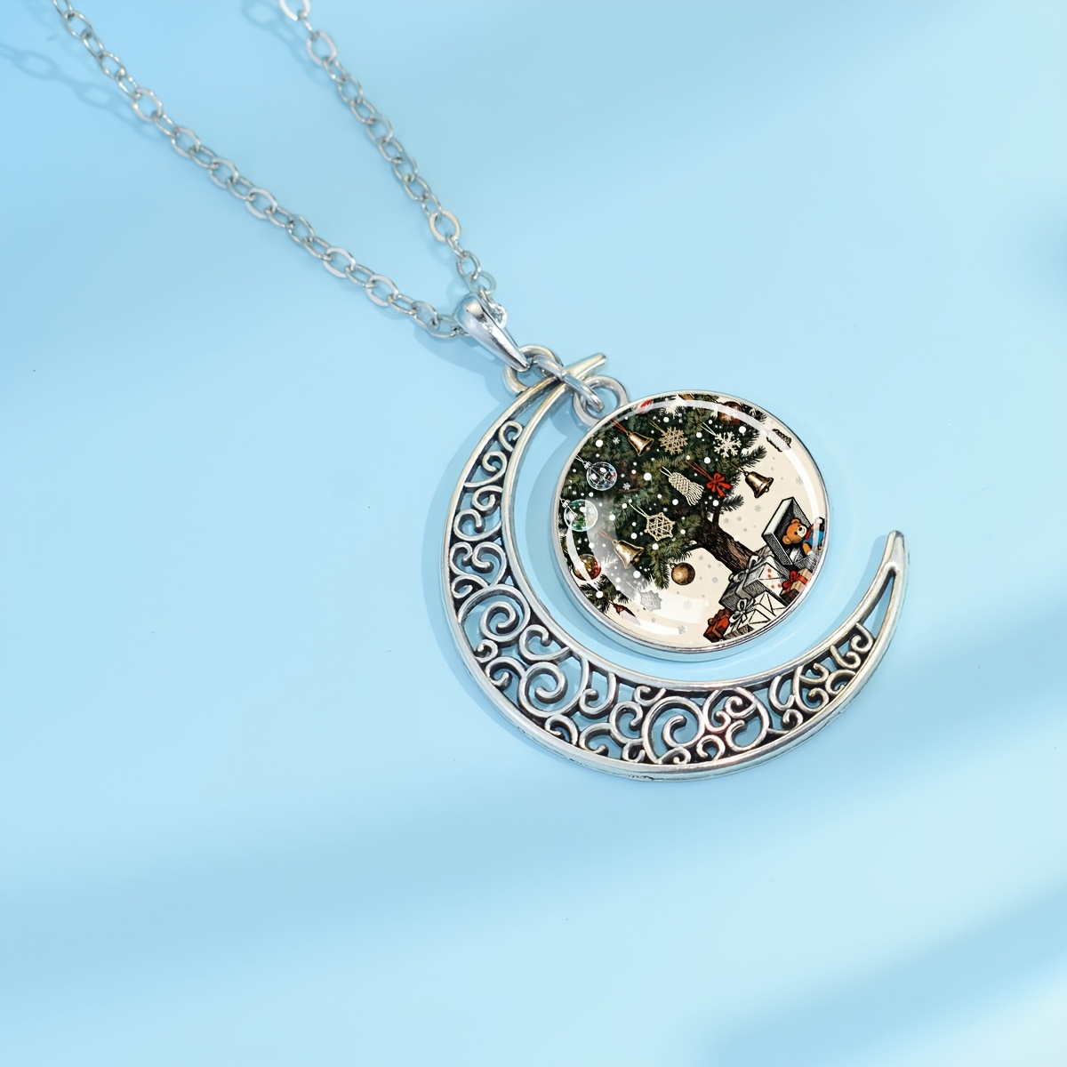 Christmas Tree Scene Crescent Moon Necklace