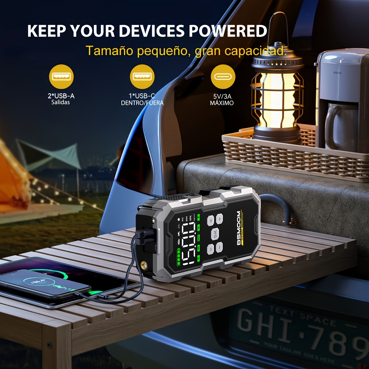 imagen del artículo Arrancador de Coche con Compresor de Aire Inflador de Neumáticos Inalámbrico, Booster de Batería 10000A con Banco de Energía y Linternas LED, Caja de Arranque Automático 12V para Todos los Vehículos de Gasolina o Diésel de 10.0L con Estuche Portátil, Cables Inteligentes con Pantalla de Voltaje