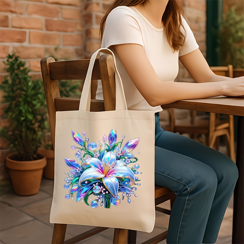 TEMU 1 lot de grand sac fourre-tout réutilisable en toile pour peinture diamant DIY, 31,5 cm x 36,58 cm, avec motif floral bleu et irréguliers