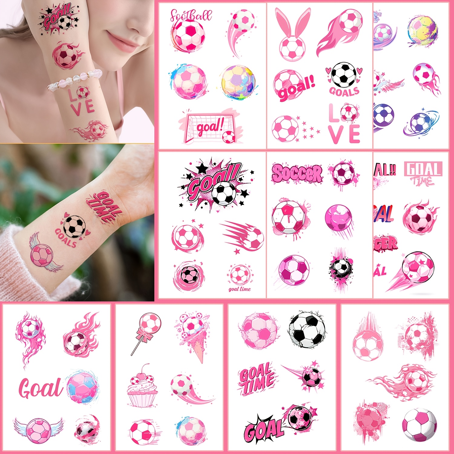 TEMU 50 Designs Pink Soccer Temporary Tattoo Stickers, Football Themed Body Art Decals Featuring 'goal!' & 'love' Designs, Ideal For Sports Party