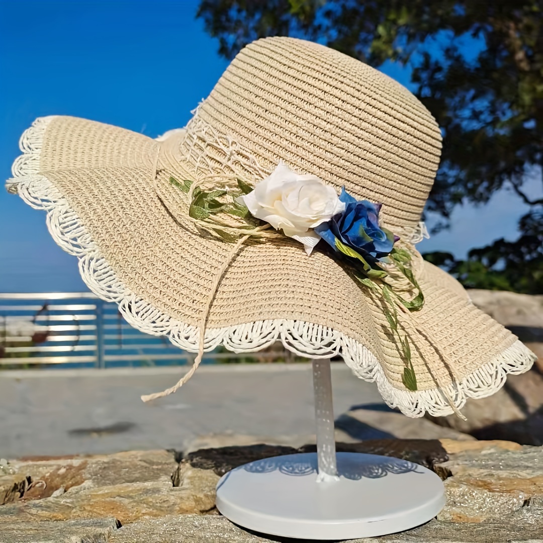 Elegant Rose Garland Sun Hats Wide Brim Lace Trim Easter Straw Hats Solid Color Travel Beach Hats for Women Girls,Temu