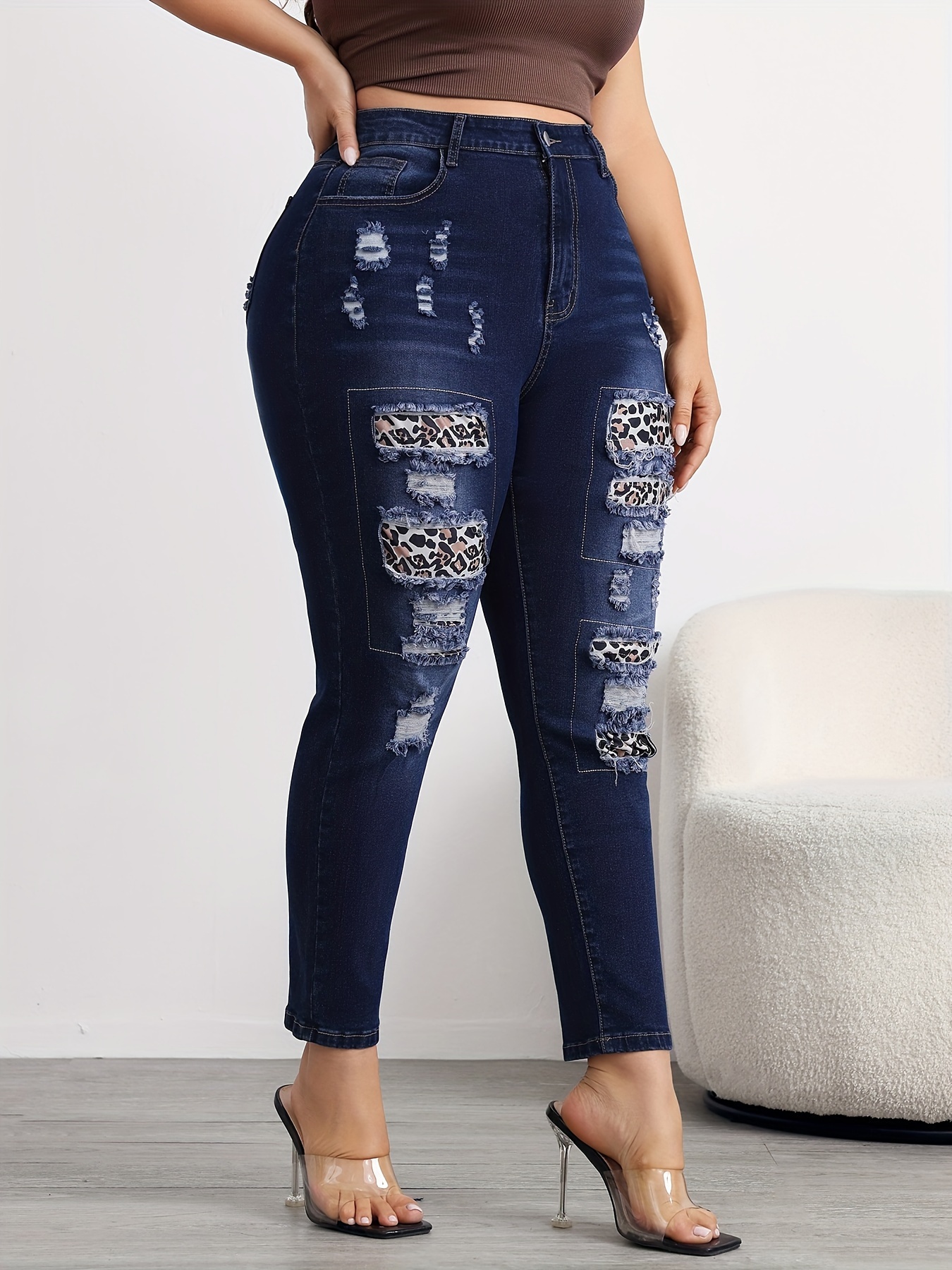 plus size ripped jeans leopard high stretch denim Temu Switzerland