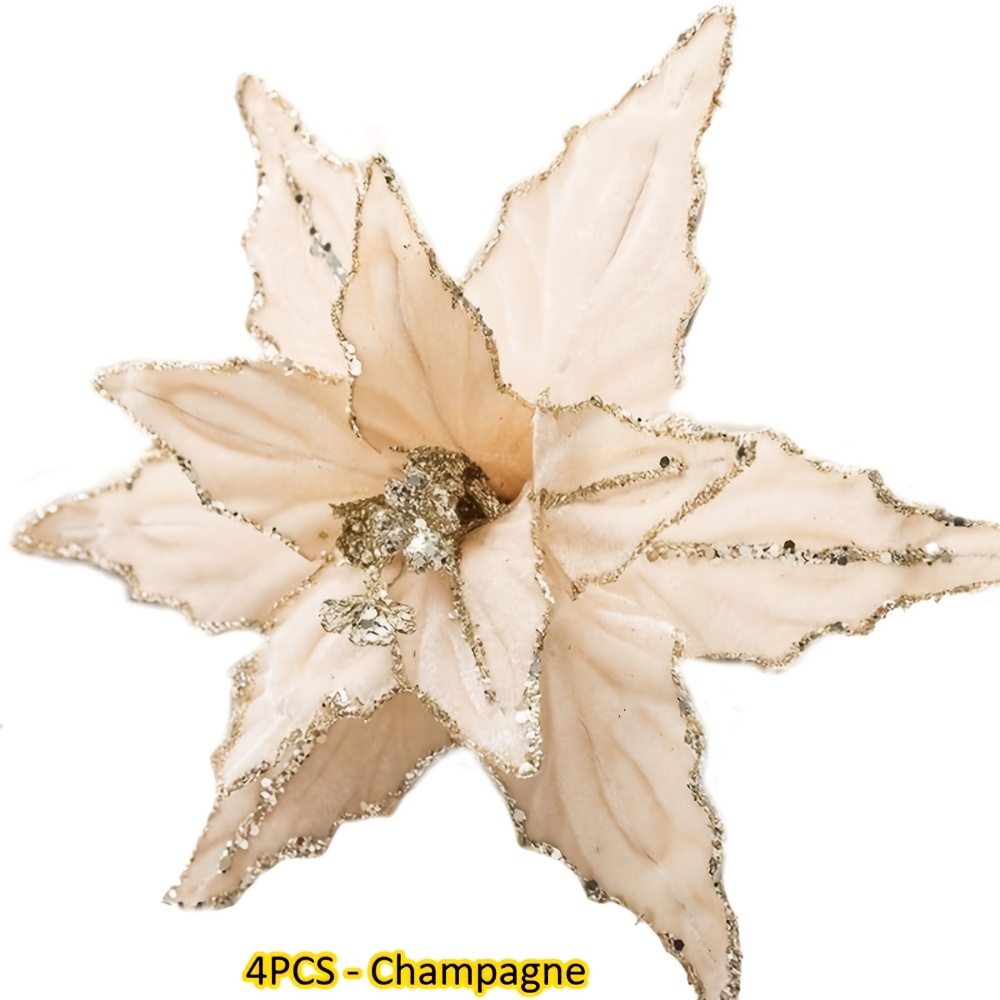 TEMU 4pcs Christmas Day Decorative Flowers Artificial Velvet Christmas Flowers -9.45 Inches, Suitable For Christmas Tree Decoration And Decoration,