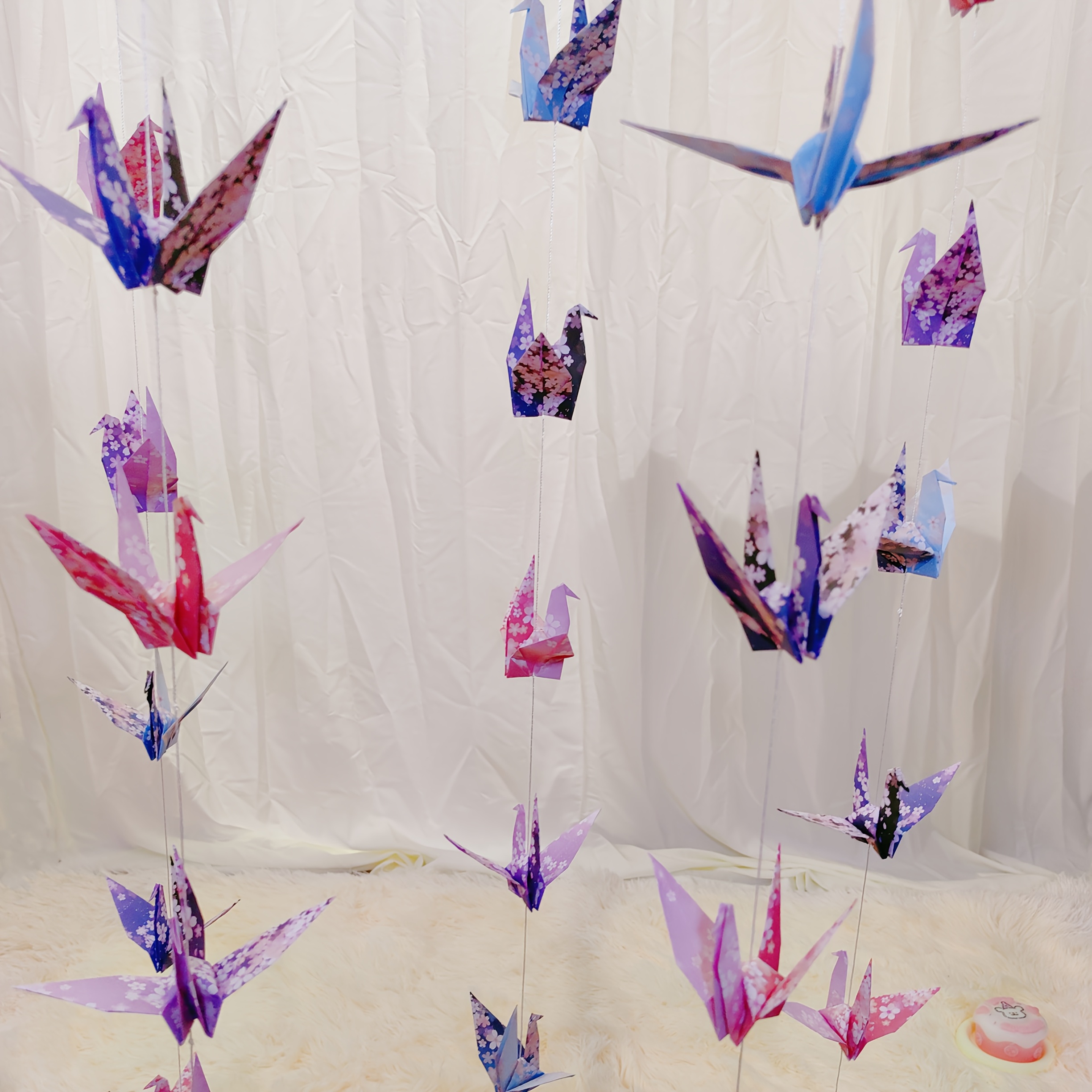 Image of 10pcs/string Cherry Paper Hanging Garlands, Japanese Flower Streamers, Paper Crane For Party Supplies, Wedding, Birthday Garden Decor