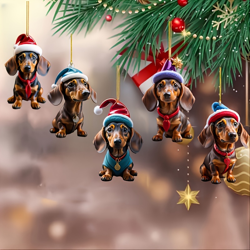 TEMU 5pcs Classic Acrylic Dachshund Christmas Tree Ornaments, Festive Holiday Hanging Decorations, Charming Christmas Car Accessories, Home And Backpack Decor Without Feathers