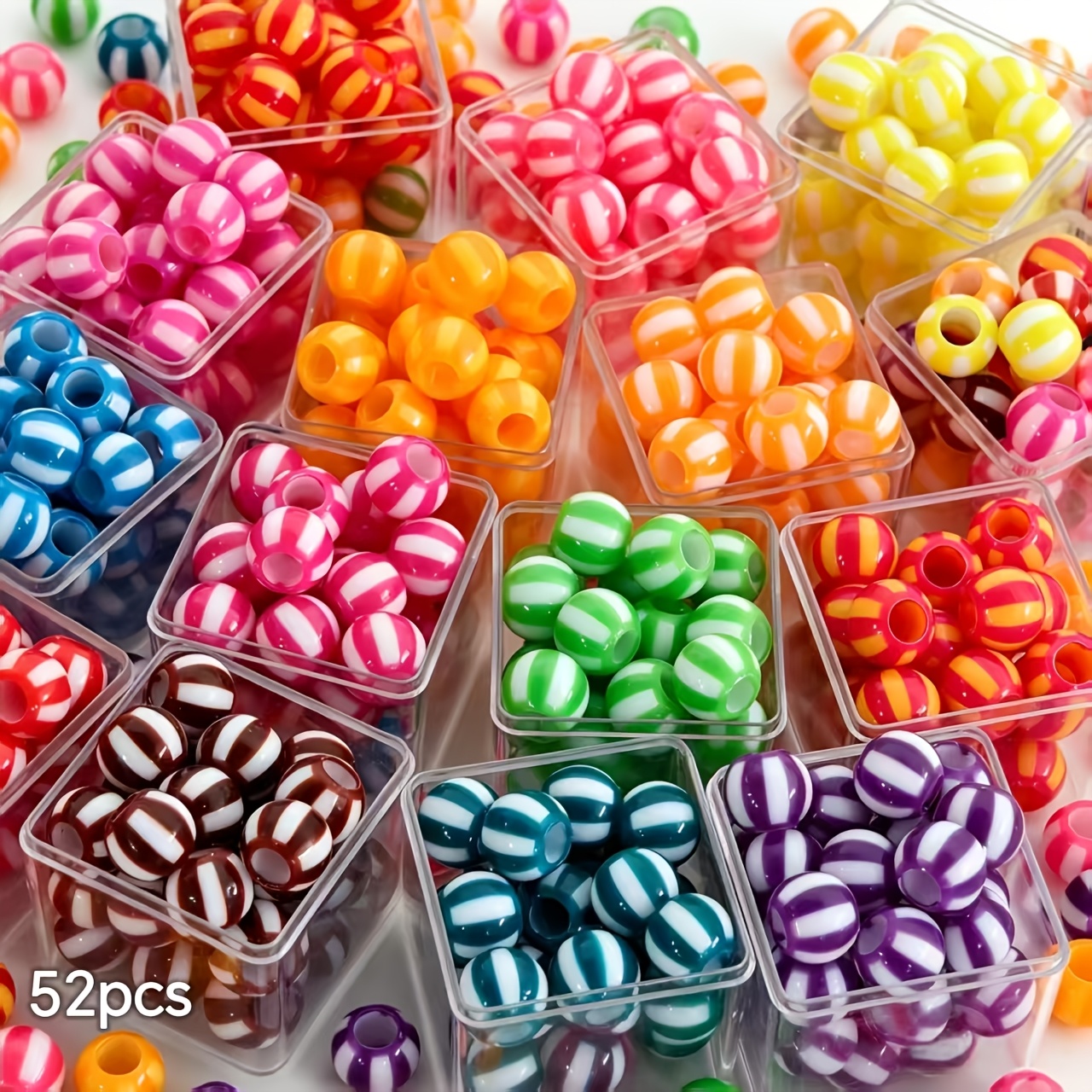 TEMU 52pcs Perles rondes à grand trou en acrylique rayé de 10 mm, perles en vrac à motif pastèque contrasté de couleurs mélangées pour l'artisanat