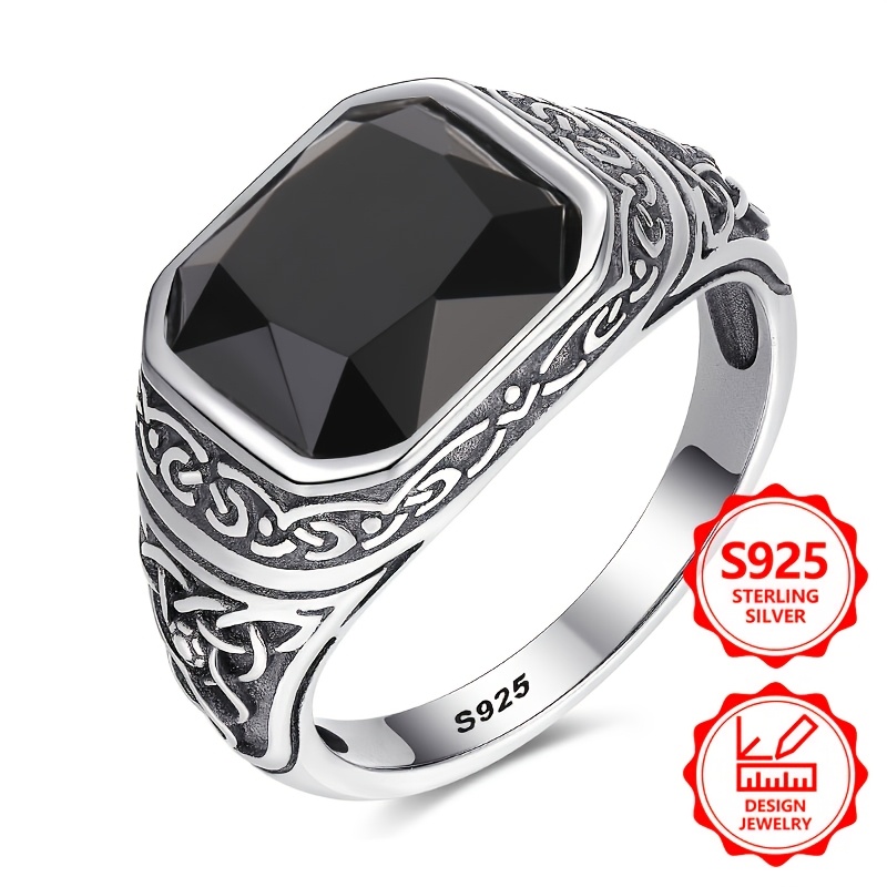 Image of 925 Silver Men's Fashion Ring, , Easy Retro Design, Inlaid With Black Synthetic Cubic Synthetic Zircon​, Men's Jewelry Ring, Suitable For Vacation Travel And Daily Wear, Perfect Commemorative Gift For