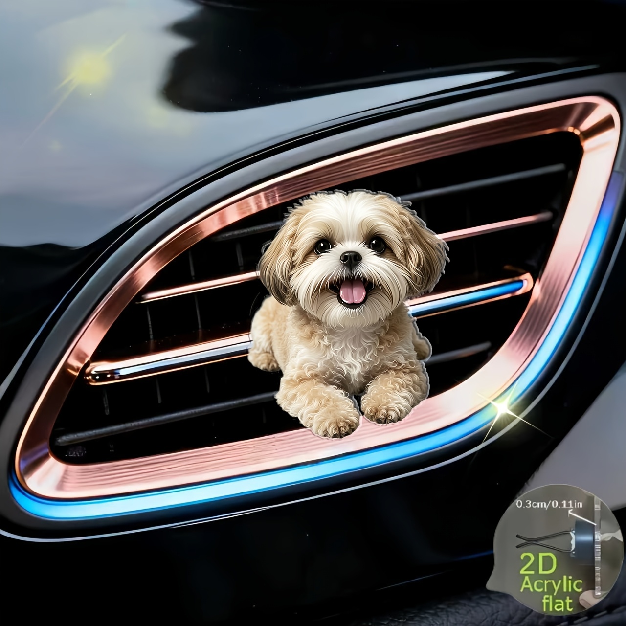 TEMU 2d Flat, 1pc Lying Dog Pattern Car Vent Clip Decoration, "unscented", With Dual Unscented Sponge Sheets, Fragrance , Acrylic Cartoon Ornament,