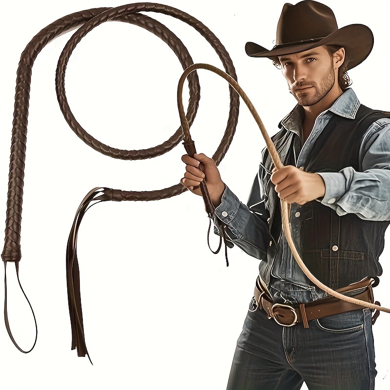 

6.2 Inch Western Cowboy Whip - Brown Pu Leather Rope With Wooden Handle, Authentic-style Costume Accessory For Halloween, Stage Shows & Equestrian Events, Winter, New Year