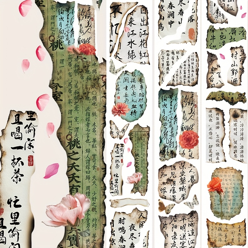 Image of 2m/roll Vintage Chinese Calligraphy Washi Tape Flower Masking Tape 3d Crystal Ink Decorative Stickers For Planner Scrapbooking Journal Aesthetic Stationery