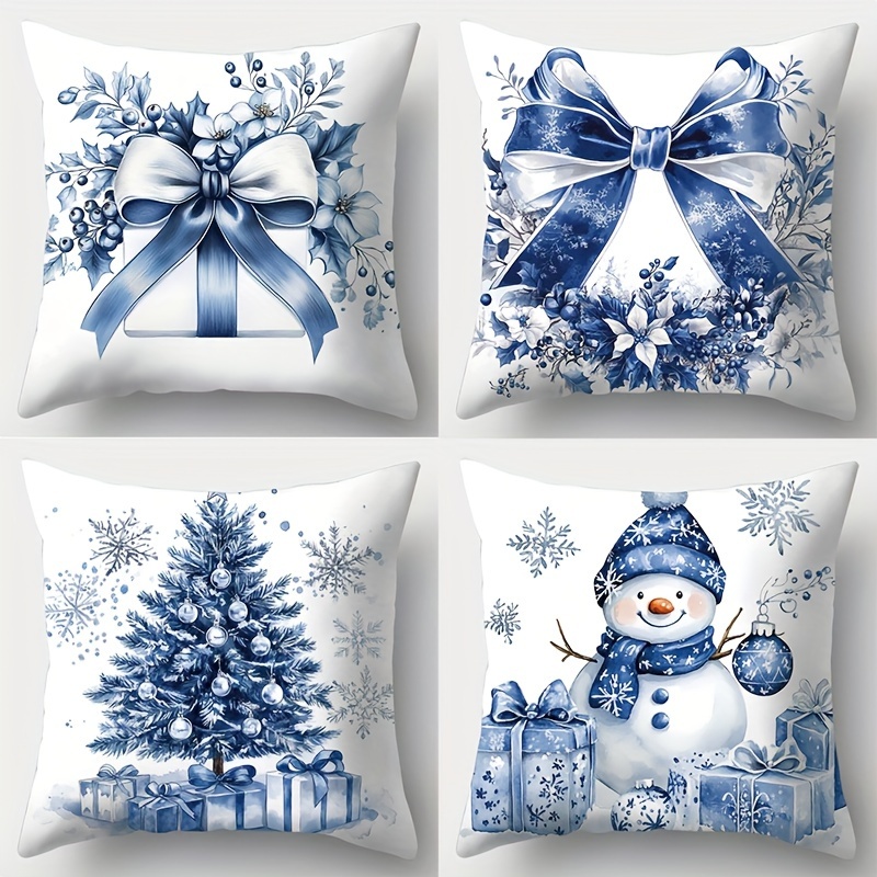 

4-pack Contemporary Throw Cushion Covers, Christmas Theme With Snowman, Trees, Gifts, Hand-washable Print Zipper Closure For Living Room, Polyester Fabric - 17.7x17.7 Inches