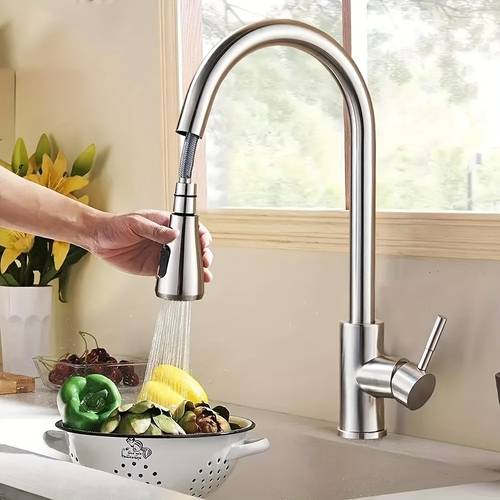 1 sink faucet with pull down spray single handle single hole high arc commercial stainless steel brushed nickel kitchen sink faucet with pull out sprayer mixer tap suitable for bar laundry rv farmhouse brushed nickel