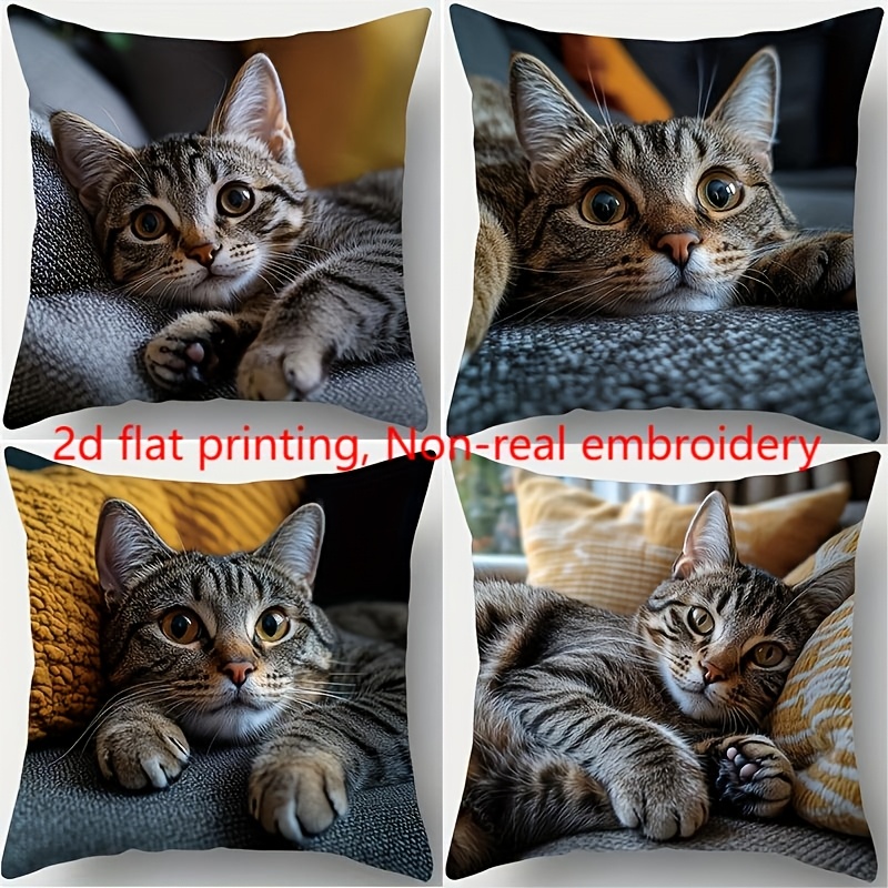 TEMU 4pcs, 2d Flat Printing, Non-real Embroidery,cat Themed Pillowcase, Warm And Comfortable, Beautiful And Practical, 17.72 Inches * 17.72 Inches,