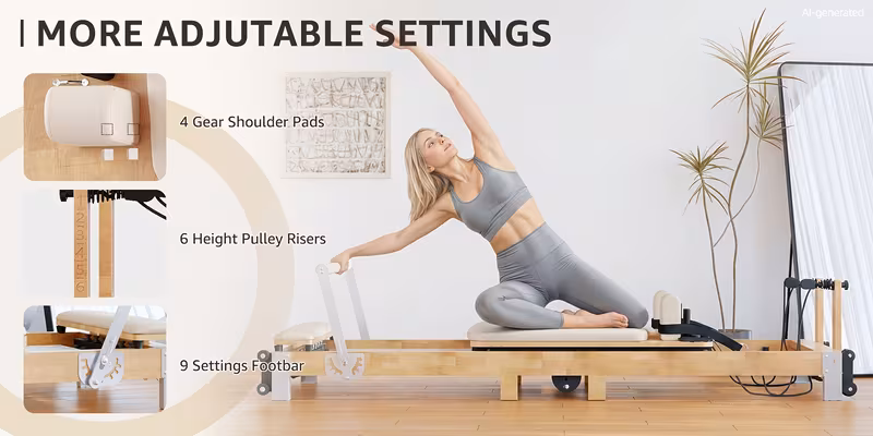 pilates reformer machine 97 l foldable studio grade pilates equipment for gym and home oak wood pilates reformer with versatile reformer accessories Product details 1