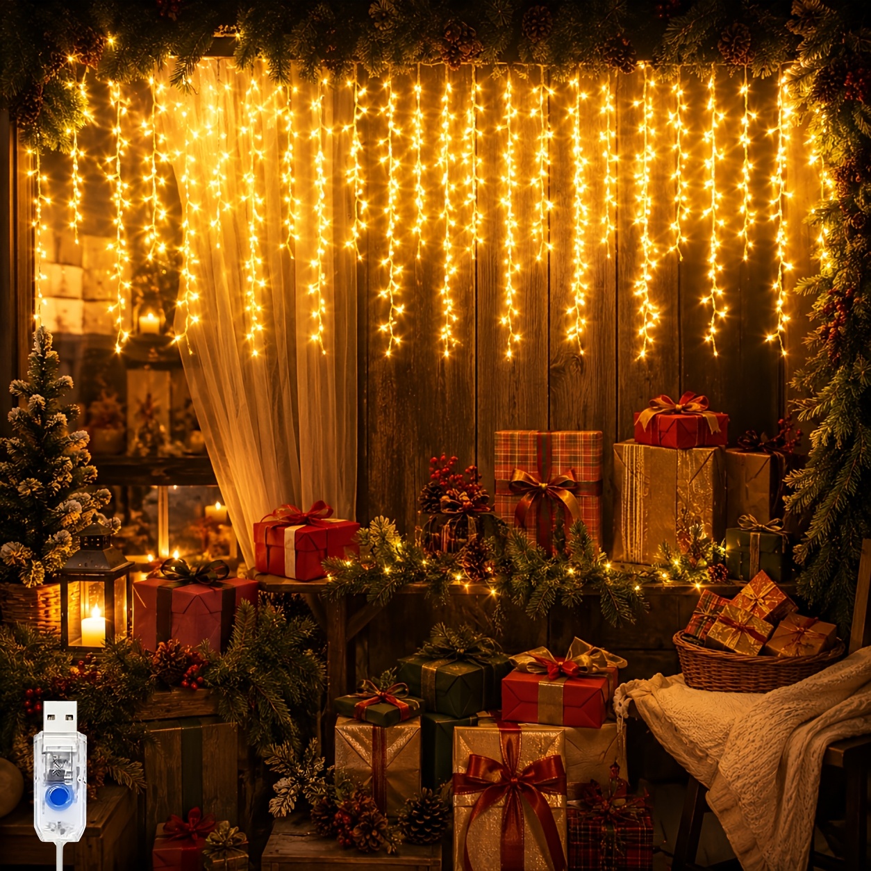 TEMU 194/104led Usb Christmas Led Light, Icicle String Lights, Outdoor String Lights, 7 Waterfall Decorative Lights, Ambient Lighting, Christmas