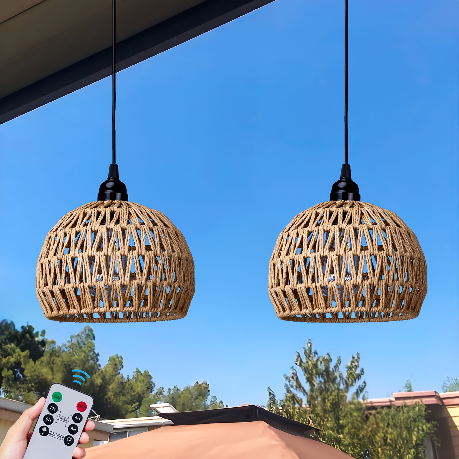 TEMU 2pcs Battery-powered Chandeliers With Remote Control & Timer, Rattan Shade, Adjustable Warm White Led Bulbs, Suitable For Home Patio Gazebo