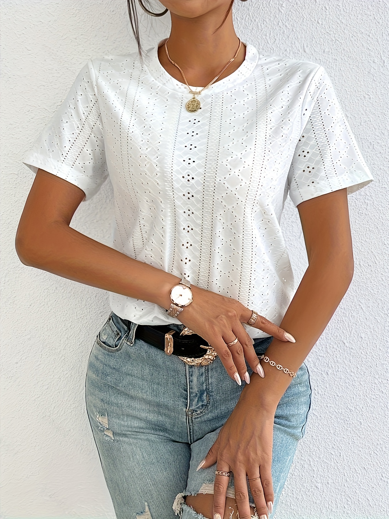 Eyelet Crew Neck T-Shirt, Casual Short Sleeve Top For Spring & Summer, Women's Clothing