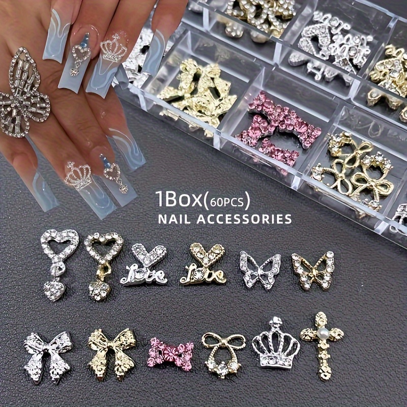 Image of Of 60pcs Of Nail Art Decoration Supplies Including Heart, Bow, Cross, And Crown Charms, Perfect For Beautiful Women At Home Or Outdoors