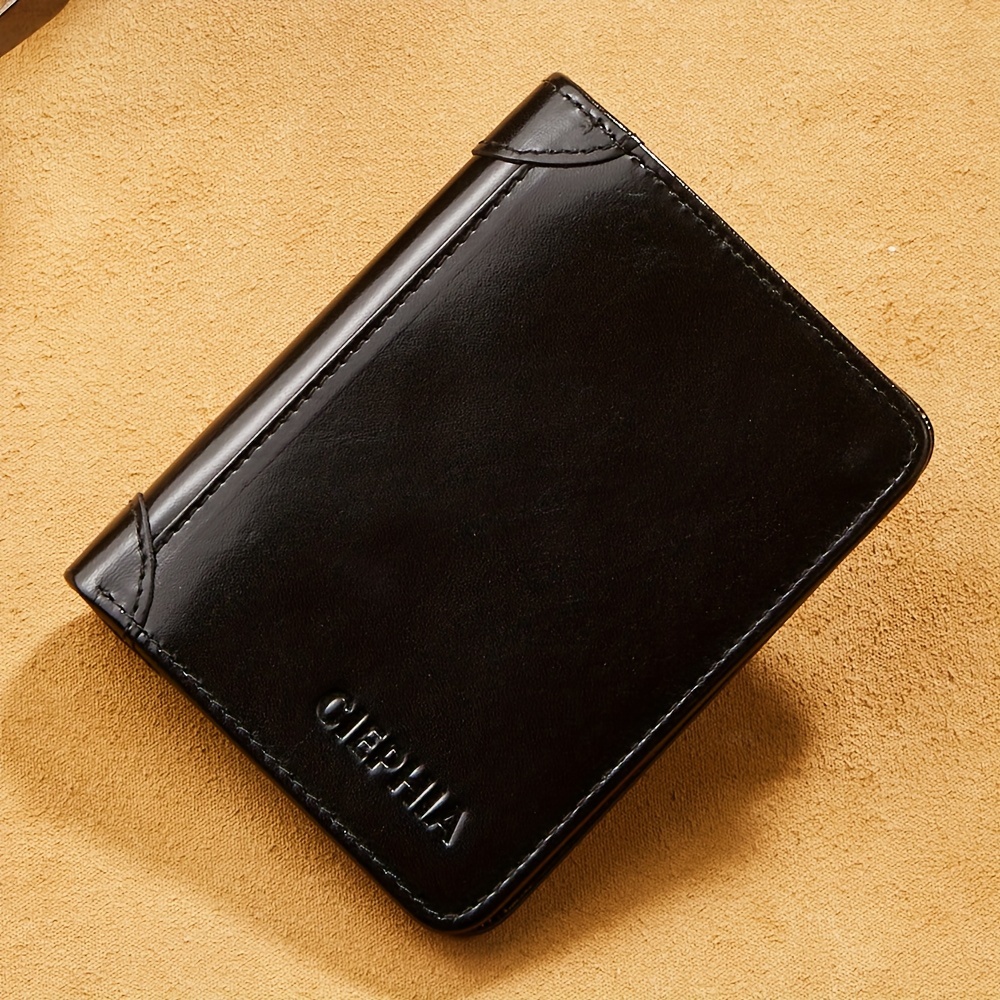 TEMU Men's Genuine Leather Wallet, Rfid Blocking Protection Slim Short Top Layer Cowhide Wallet, Multifunction Trifold Wallet, Vintage Oil Wax Credit Card Wallet, Gifts For Men