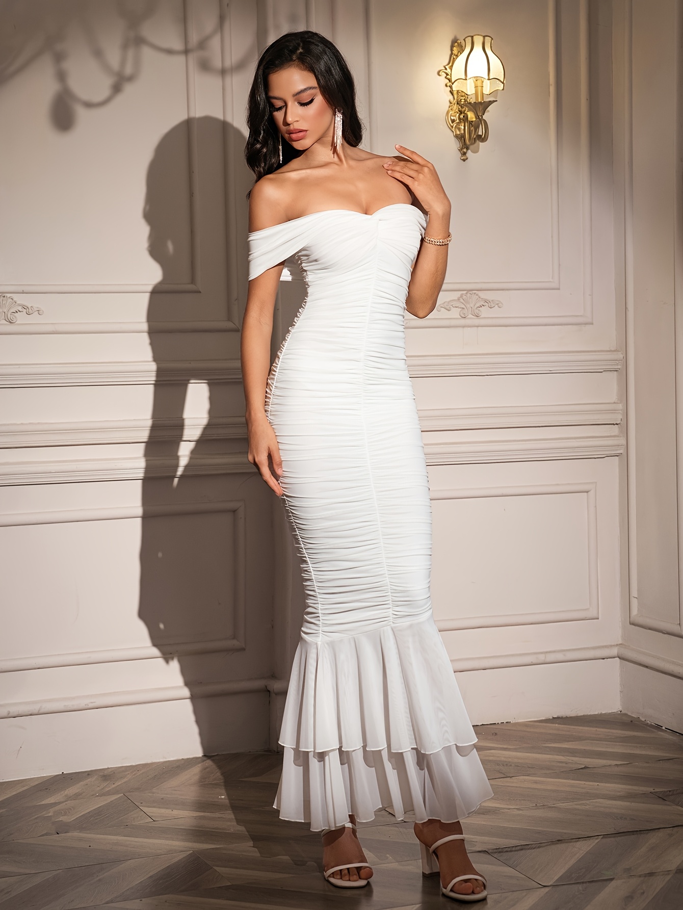 knee length dresses for ladies PALOMA ONE SHOULDER RUCHED MESH BODYCON MAXI DRESS