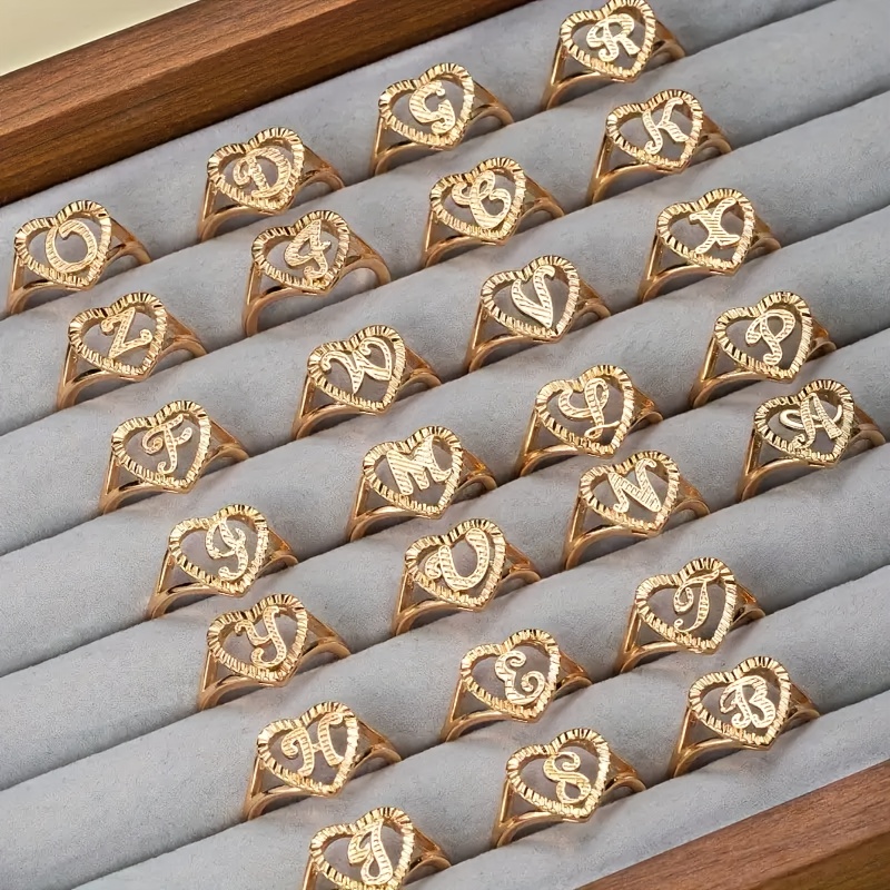 TEMU (26 Letter) 1pc Bohemian Cute 14k Golden Plated Heart Letter Rings, New Simple And Fashionable Hollow Heart 26 English Letter Pendant, Initial
