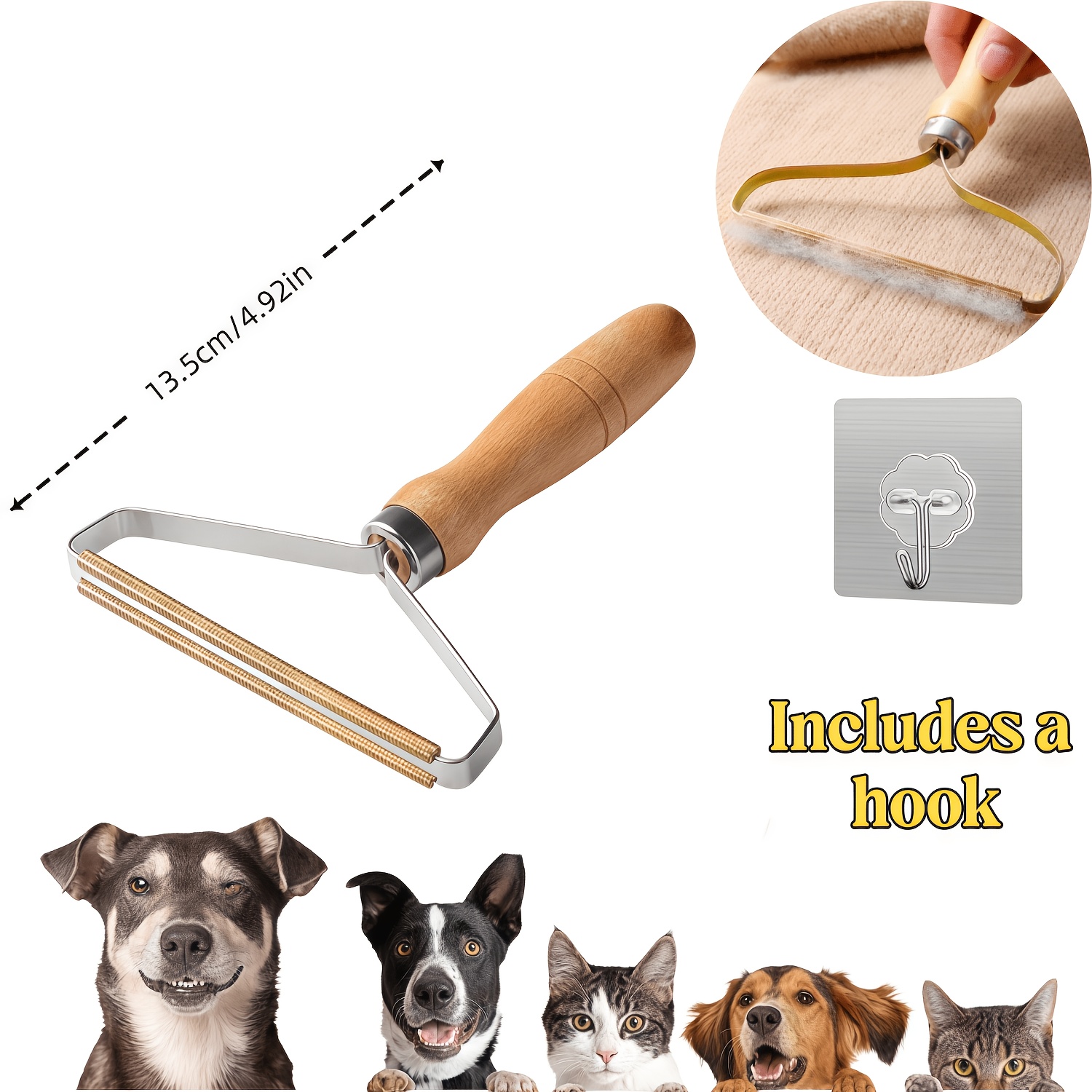 TEMU 1pc Pet Hair Remover With 1pc Hook, Portable Manual Hair Scraper, Reusable Clothing Hairbrush Tool, Portable Hair Shaver, Removes Lint From