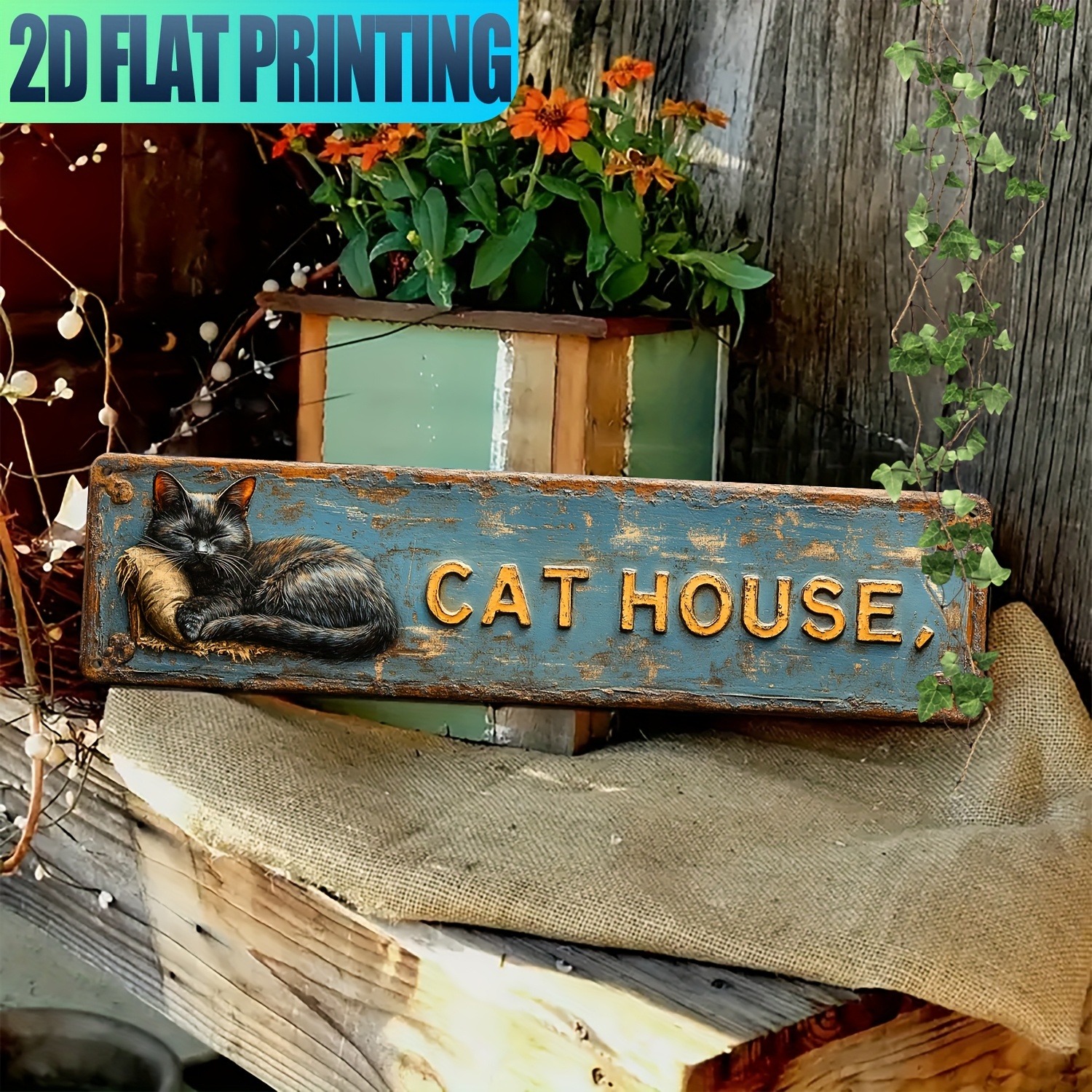 E-shop 2D Flach, 1 Stück KATZENHAUS Metall Wandschild - Katzenmotiv Aluminium Hängedekoration mit UV-beständigem Outdoor-Einsatz, geeignet für
