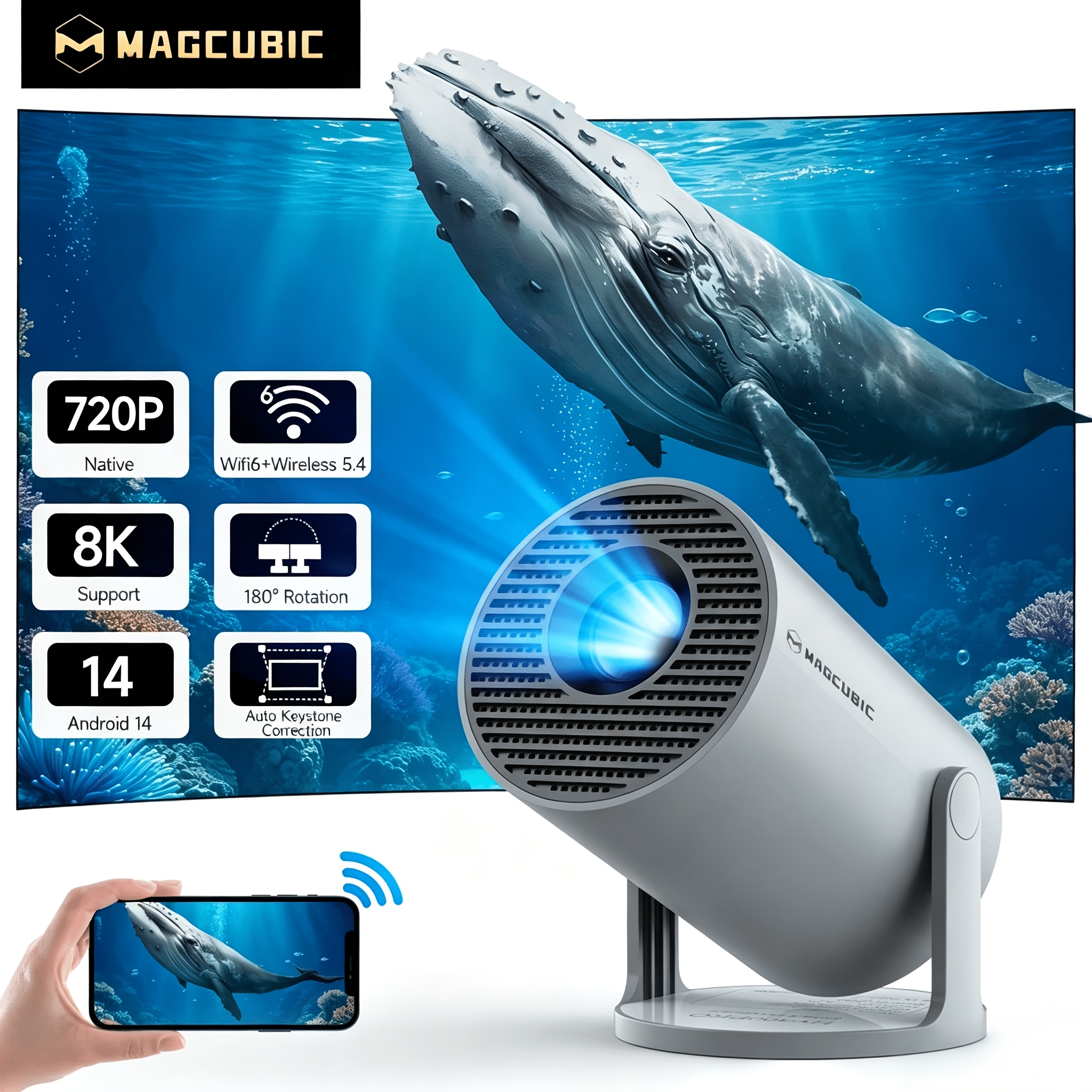 Image of Magcubic Smart Projector - 200ansi Native 720p Support 8k - Manual Focus & Keystone Correction - Wifi6 Bt5.2 Connection - 14 - 1gb +8gb Rom Storage - Mini Projector