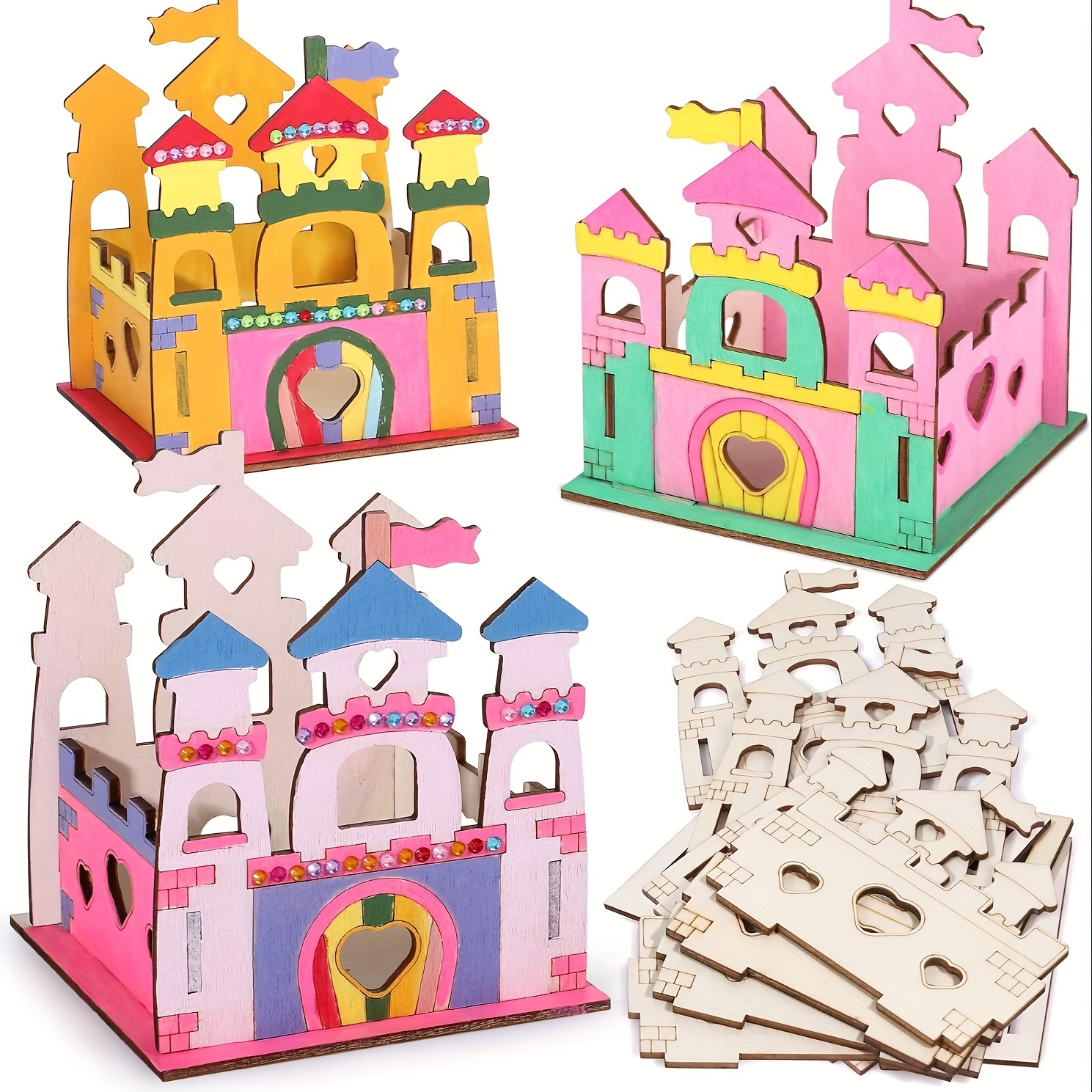 

12pcs, Diy Wooden Castle Set Princess Castle Wooden Crafts With Paintbrush And Diamond Sticker Festival Birthday Party Gifts