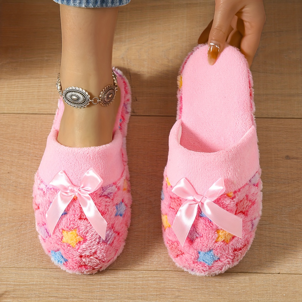 

Stars Print Home Warm Slippers, Bowknot Decor Lightweight Soft Sole Fuzzy Shoes, Closed Toe Plush Lined Indoor Shoes