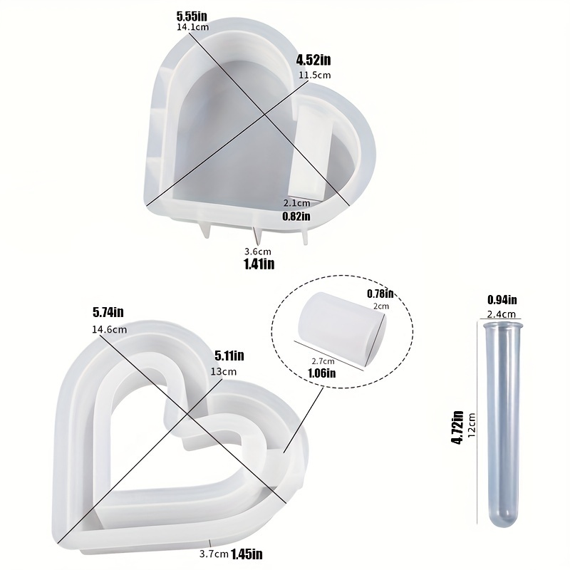 3-piece Diy Silicone Resin Casting Mold Set With 1pc Transparent Plastic Test Tube - Heart-shaped Vase & Candle Holder Molds Kit For Resin, Plaster, Concrete - Crafts & Home Decor Casting Tools