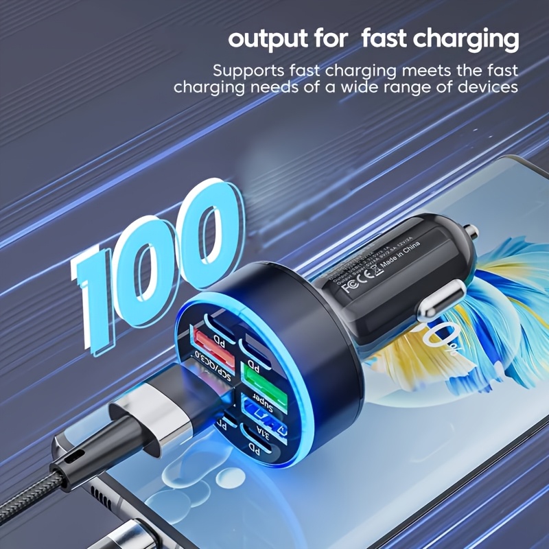8-In-1 Car Phone Charger Featuring QC3.0 Fast Charging, PD+USB Dual Output, LED Indicator Lights, Compact And Portable Design, Perfect for Both for home And Car Use, Vehicle Charging Hub | Contemporary Charging Station | Space-Saving Charger