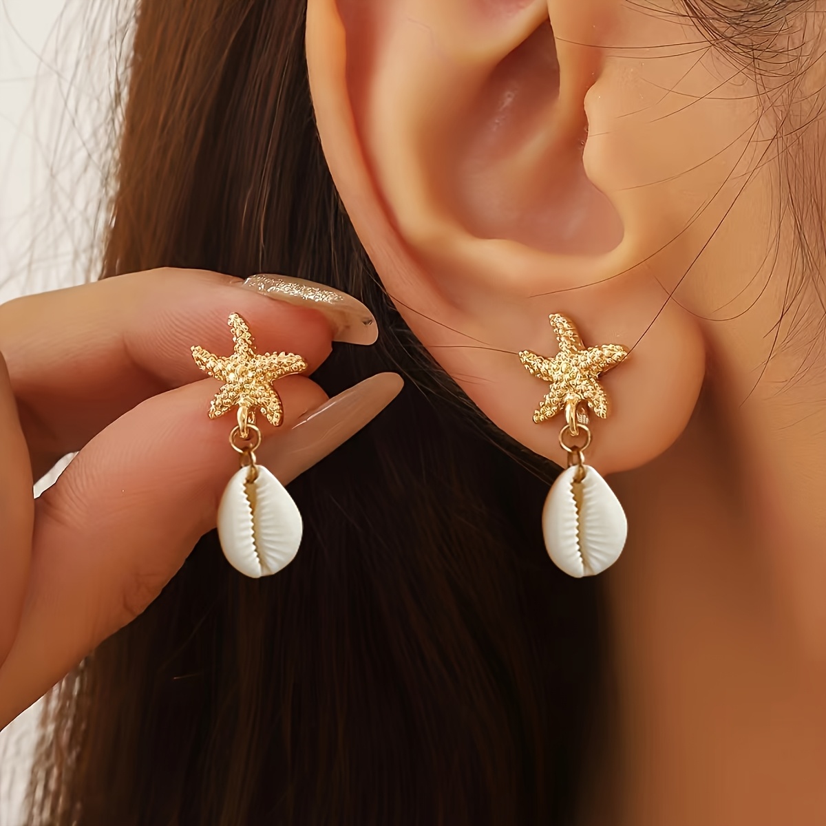 Image of 1 Pair Of Ocean-themed Women's Fashion Stud Earrings, Bohemian Minimalist Geometric Starfish Shape Pendant Dangle Earrings, Ear Accessories